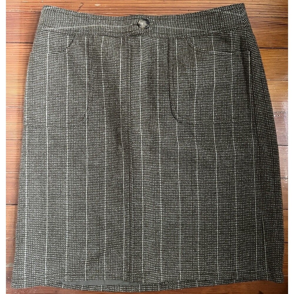 Ann Taylor Wool Blend Skirt Size 8 Brown Olive Herringbone Preppy Patch Pockets
